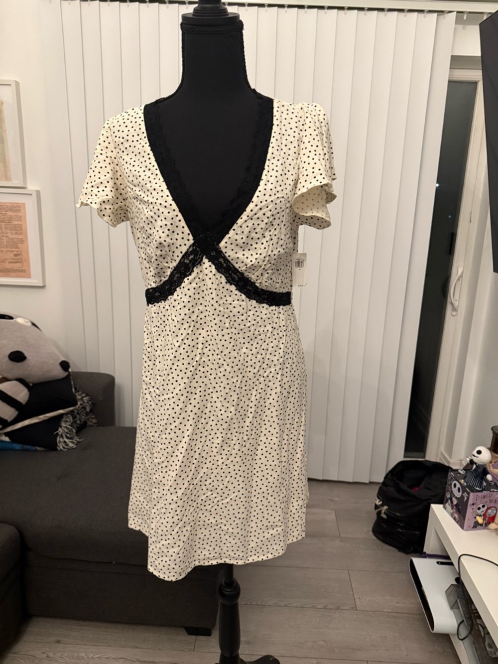 Old Navy Cream Polka Dot Mini Dress with Black Lace Trim